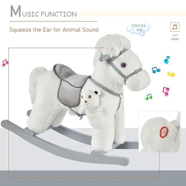 Alt view image 5 of 7 - Qaba Kids Rocking Horse with Bear Toy Plush for Toddler 18-36 Months White | Animal Rocker, Fun Realistic Sounds