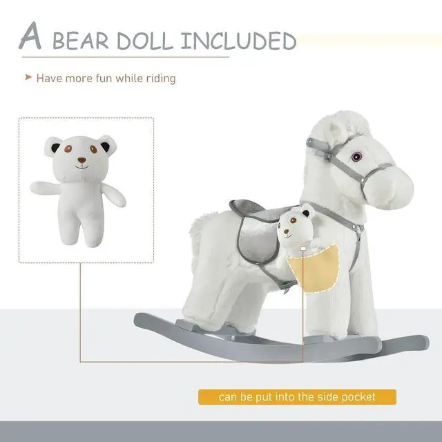 Alt view image 6 of 7 - Qaba Kids Rocking Horse with Bear Toy Plush for Toddler 18-36 Months White | Animal Rocker, Fun Realistic Sounds