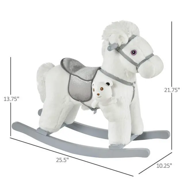 Alt view image 7 of 7 - Qaba Kids Rocking Horse with Bear Toy Plush for Toddler 18-36 Months White | Animal Rocker, Fun Realistic Sounds