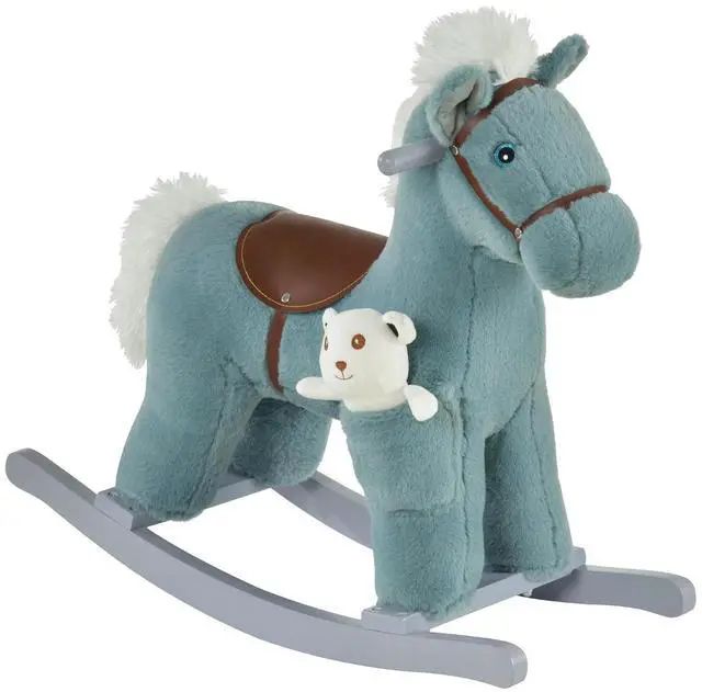 Main image of Qaba Kids Rocking Horse with Bear Toy Fun Realistic Sounds Toddler Blue | Plush Animal Rocker, 18-36 Months