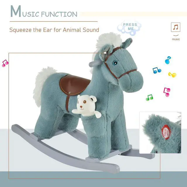Alt view image 3 of 7 - Qaba Kids Rocking Horse with Bear Toy Fun Realistic Sounds Toddler Blue | Plush Animal Rocker, 18-36 Months