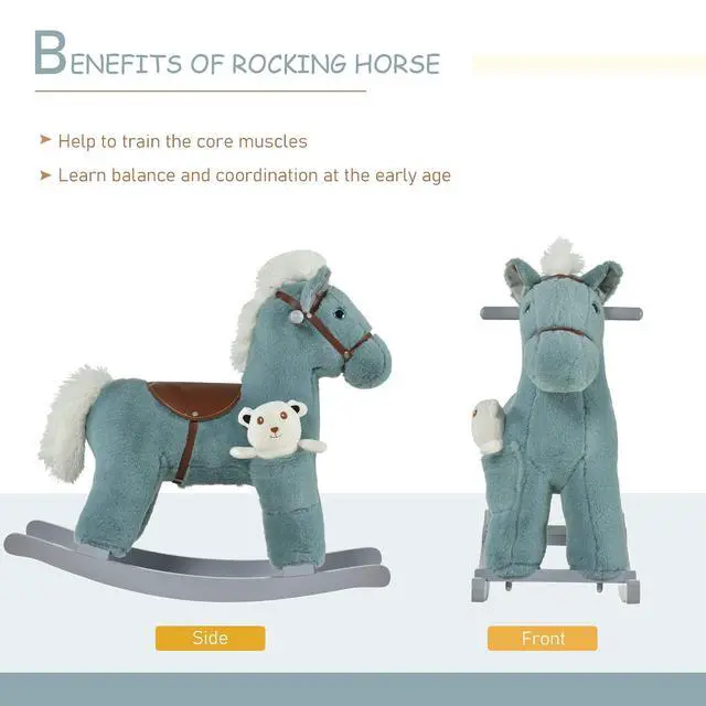 Alt view image 4 of 7 - Qaba Kids Rocking Horse with Bear Toy Fun Realistic Sounds Toddler Blue | Plush Animal Rocker, 18-36 Months
