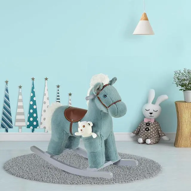 Alt view image 2 of 7 - Qaba Kids Rocking Horse with Bear Toy Fun Realistic Sounds Toddler Blue | Plush Animal Rocker, 18-36 Months