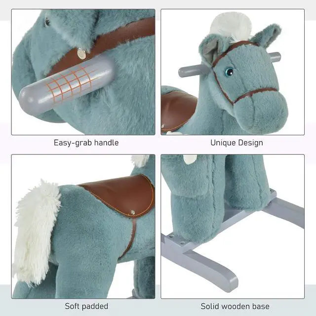 Alt view image 5 of 7 - Qaba Kids Rocking Horse with Bear Toy Fun Realistic Sounds Toddler Blue | Plush Animal Rocker, 18-36 Months