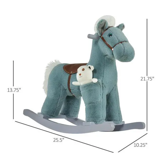 Alt view image 7 of 7 - Qaba Kids Rocking Horse with Bear Toy Fun Realistic Sounds Toddler Blue | Plush Animal Rocker, 18-36 Months