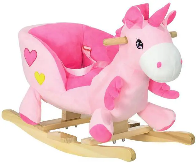 Main image of Qaba Baby Rocking Horse with 32 Songs Wooden Base for 1.5-3 Year Old, Pink | Ride on Unicorn, Toddler Rocker Toy, Seat Safety Belt