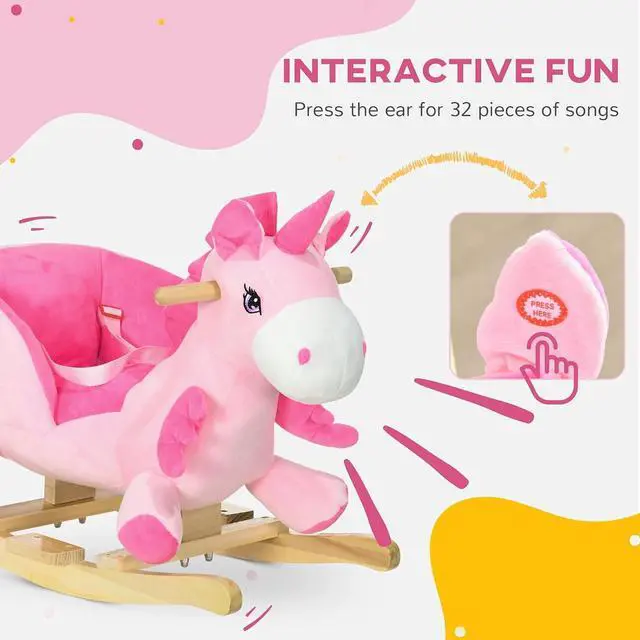 Alt view image 3 of 7 - Qaba Baby Rocking Horse with 32 Songs Wooden Base for 1.5-3 Year Old, Pink | Ride on Unicorn, Toddler Rocker Toy, Seat Safety Belt