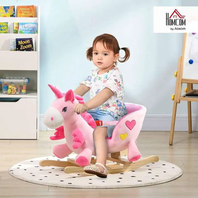 Alt view image 2 of 7 - Qaba Baby Rocking Horse with 32 Songs Wooden Base for 1.5-3 Year Old, Pink | Ride on Unicorn, Toddler Rocker Toy, Seat Safety Belt