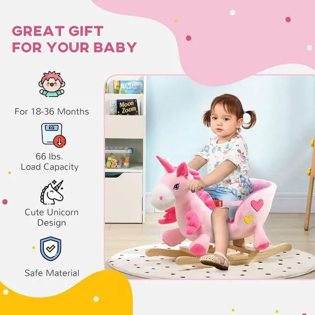 Alt view image 4 of 7 - Qaba Baby Rocking Horse with 32 Songs Wooden Base for 1.5-3 Year Old, Pink | Ride on Unicorn, Toddler Rocker Toy, Seat Safety Belt