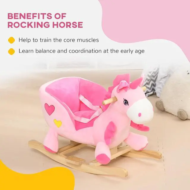 Alt view image 5 of 7 - Qaba Baby Rocking Horse with 32 Songs Wooden Base for 1.5-3 Year Old, Pink | Ride on Unicorn, Toddler Rocker Toy, Seat Safety Belt