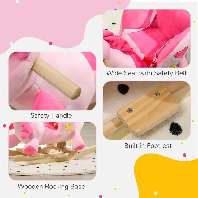 Alt view image 6 of 7 - Qaba Baby Rocking Horse with 32 Songs Wooden Base for 1.5-3 Year Old, Pink | Ride on Unicorn, Toddler Rocker Toy, Seat Safety Belt