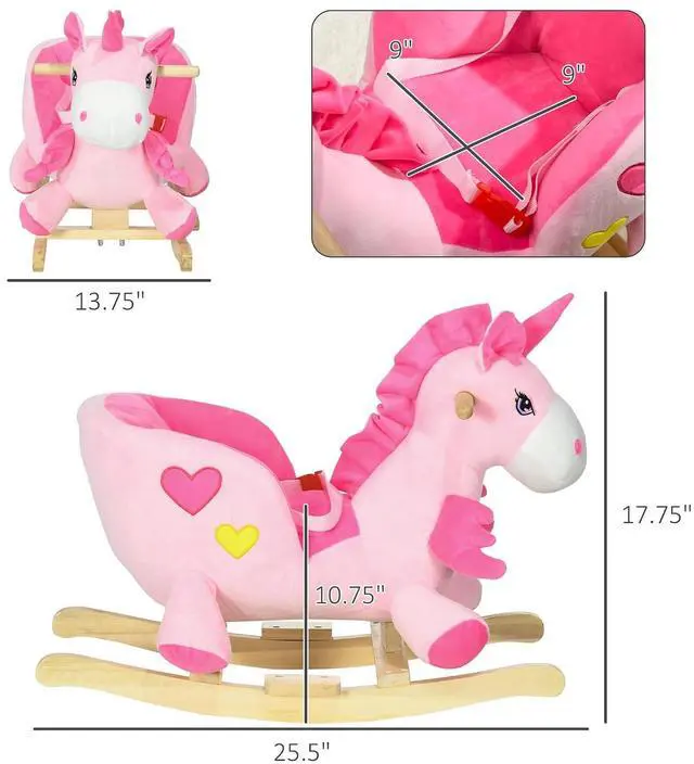 Alt view image 7 of 7 - Qaba Baby Rocking Horse with 32 Songs Wooden Base for 1.5-3 Year Old, Pink | Ride on Unicorn, Toddler Rocker Toy, Seat Safety Belt