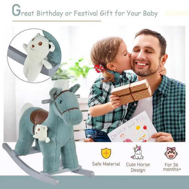 Alt view image 6 of 7 - Qaba Kids Rocking Horse with Bear Toy Fun Realistic Sounds Toddler Blue | Plush Animal Rocker, 18-36 Months