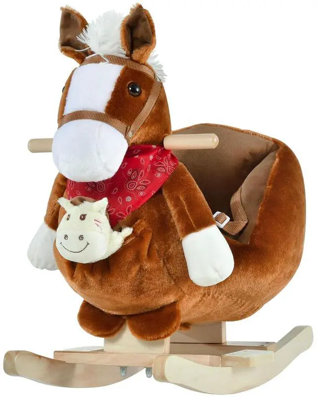 Main image of Qaba Kids Ride-On Rocking Horse Toy with Lullaby Song 18-36 Months Brown | Hand Puppets, Soft Plush Fabric, for Children