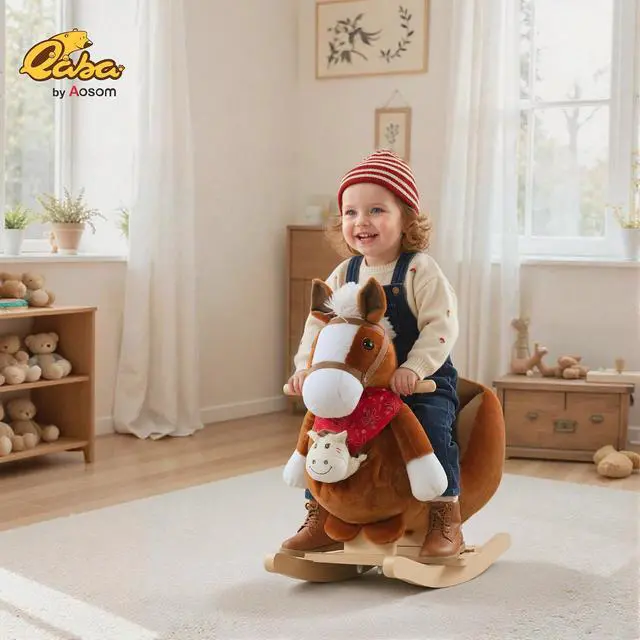 Alt view image 2 of 7 - Qaba Kids Ride-On Rocking Horse Toy with Lullaby Song 18-36 Months Brown | Hand Puppets, Soft Plush Fabric, for Children