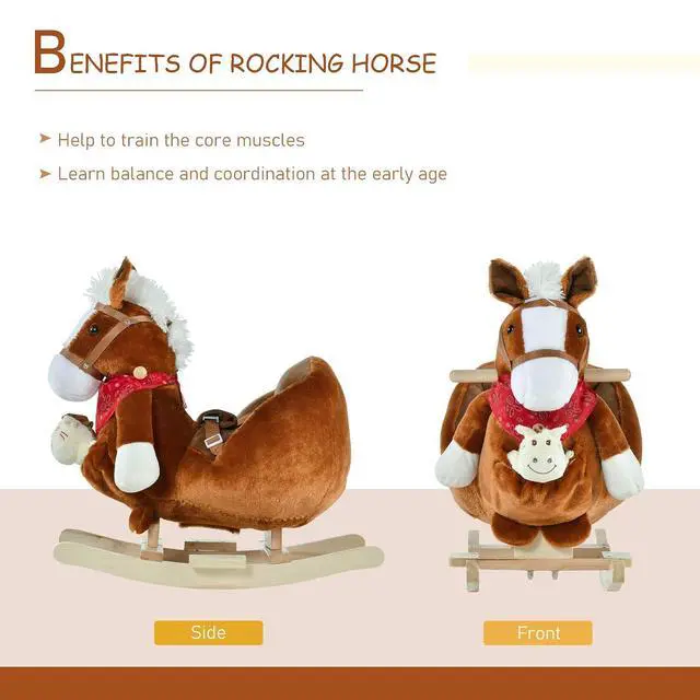 Alt view image 4 of 7 - Qaba Kids Ride-On Rocking Horse Toy with Lullaby Song 18-36 Months Brown | Hand Puppets, Soft Plush Fabric, for Children