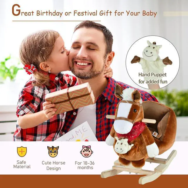 Alt view image 3 of 7 - Qaba Kids Ride-On Rocking Horse Toy with Lullaby Song 18-36 Months Brown | Hand Puppets, Soft Plush Fabric, for Children