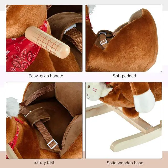 Alt view image 5 of 7 - Qaba Kids Ride-On Rocking Horse Toy with Lullaby Song 18-36 Months Brown | Hand Puppets, Soft Plush Fabric, for Children