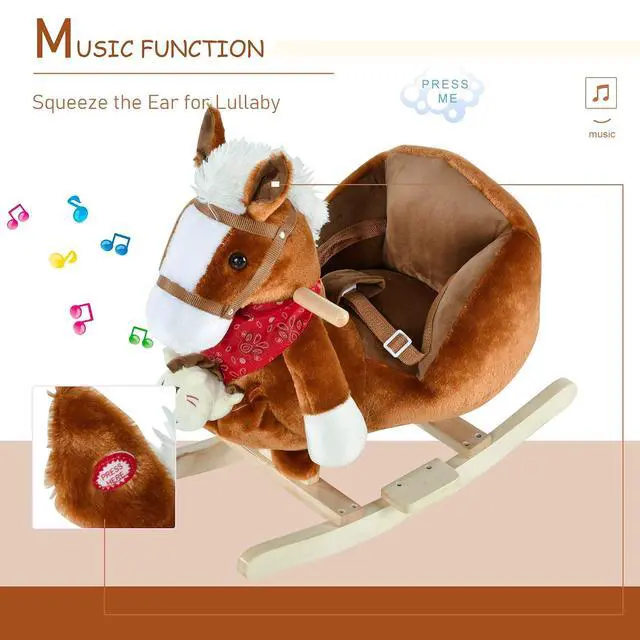 Alt view image 6 of 7 - Qaba Kids Ride-On Rocking Horse Toy with Lullaby Song 18-36 Months Brown | Hand Puppets, Soft Plush Fabric, for Children