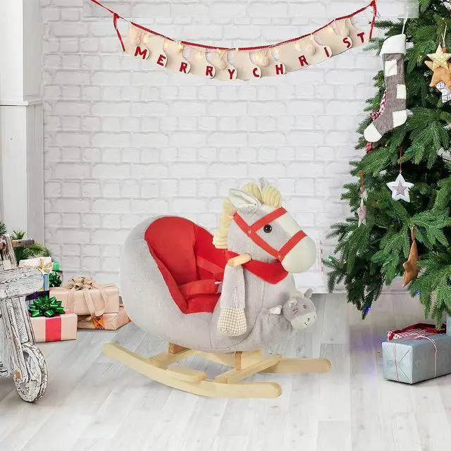Alt view image 2 of 7 - Qaba Kids Ride-On Rocking Horse Toy Rocker Lullaby Song 18-36 Months Gray | Hand Puppets, Soft Plush Fabric, for Children