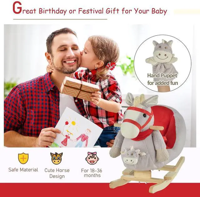 Alt view image 3 of 7 - Qaba Kids Ride-On Rocking Horse Toy Rocker Lullaby Song 18-36 Months Gray | Hand Puppets, Soft Plush Fabric, for Children