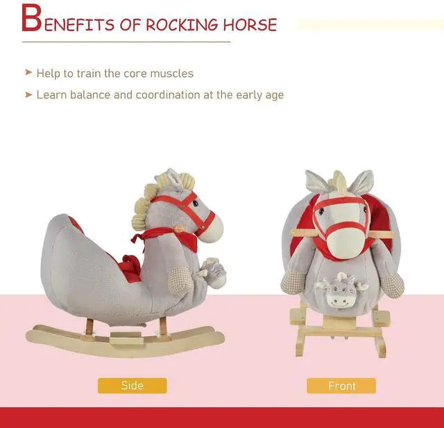 Alt view image 4 of 7 - Qaba Kids Ride-On Rocking Horse Toy Rocker Lullaby Song 18-36 Months Gray | Hand Puppets, Soft Plush Fabric, for Children
