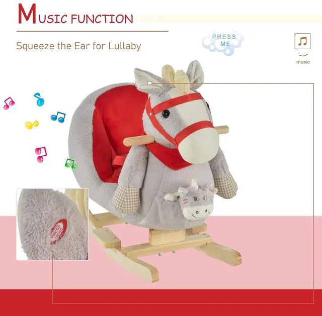 Alt view image 6 of 7 - Qaba Kids Ride-On Rocking Horse Toy Rocker Lullaby Song 18-36 Months Gray | Hand Puppets, Soft Plush Fabric, for Children