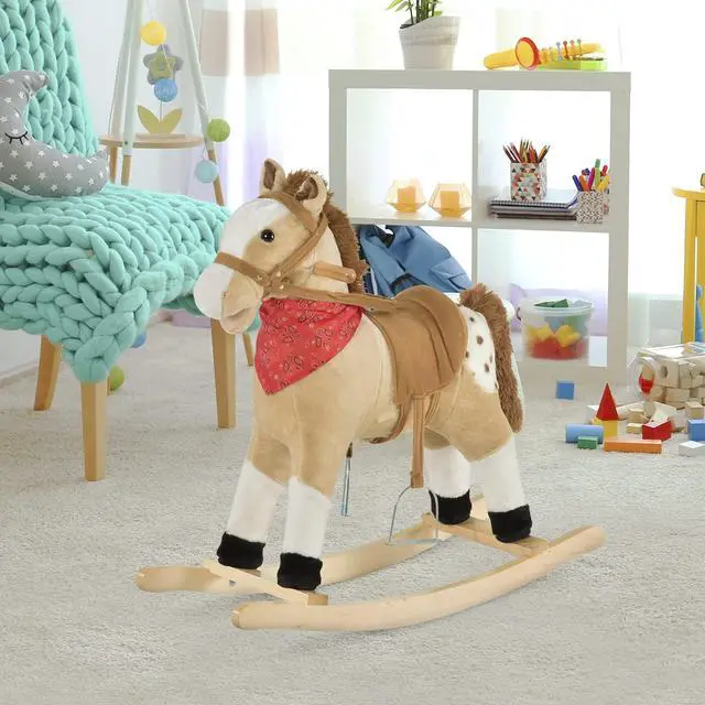 Alt view image 2 of 7 - Qaba Kids Plush Ride-On Rocking Horse Toy with Fun Realistic Sounds Beige | Cowboy Rocker, for Child 3-6 Years Old