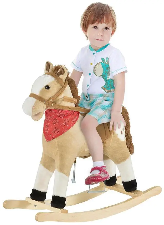 Main image of Qaba Kids Plush Ride-On Rocking Horse Toy with Fun Realistic Sounds Beige | Cowboy Rocker, for Child 3-6 Years Old