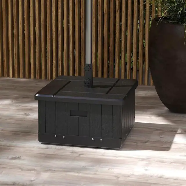 Alt view image 2 of 7 - 3-in-1 Outdoor Umbrella Base, Coffee End Table, Planter Box Black | Drain Hole, 175 lbs. Capacity, Heavy Duty Fillable Patio Umbrella Stand Table, Wheels, Handles, For Deck Poolside