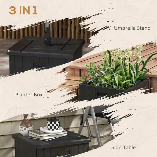 Alt view image 4 of 7 - 3-in-1 Outdoor Umbrella Base, Coffee End Table, Planter Box Black | Drain Hole, 175 lbs. Capacity, Heavy Duty Fillable Patio Umbrella Stand Table, Wheels, Handles, For Deck Poolside