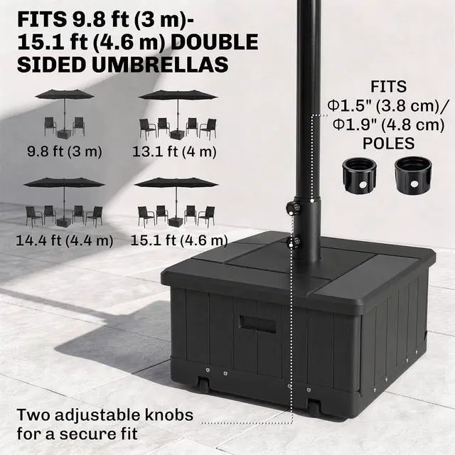 Alt view image 5 of 7 - 3-in-1 Outdoor Umbrella Base, Coffee End Table, Planter Box Black | Drain Hole, 175 lbs. Capacity, Heavy Duty Fillable Patio Umbrella Stand Table, Wheels, Handles, For Deck Poolside