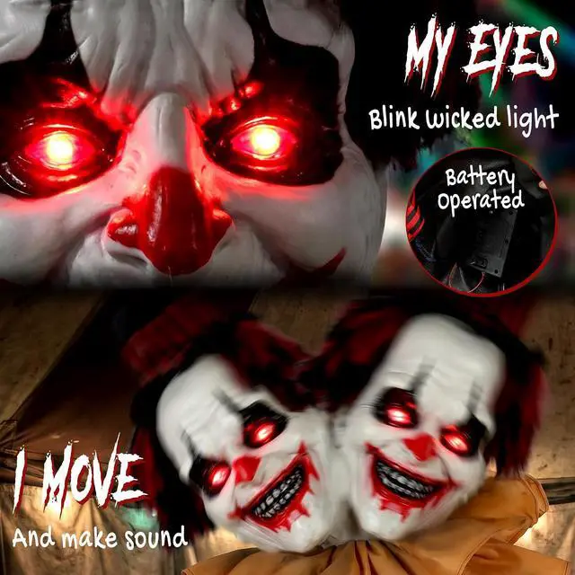 Alt view image 3 of 7 - 95" Large Halloween Animated Clown Animatronic Decoration Prop | Scary Halloween Animated Decor, Creepy Sound Move, Sound Touch Activated, Light Up Eyes, Haunted House, Party, Outdoor Indoor