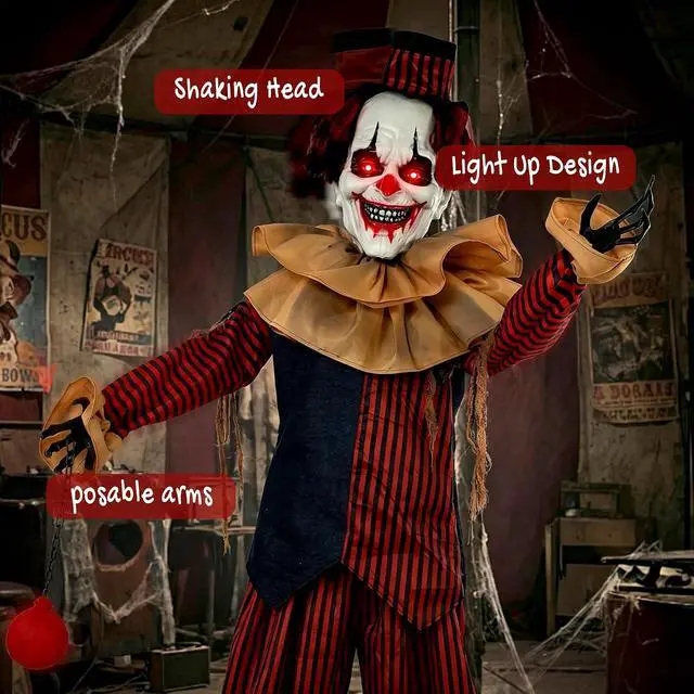 Alt view image 5 of 7 - 95" Large Halloween Animated Clown Animatronic Decoration Prop | Scary Halloween Animated Decor, Creepy Sound Move, Sound Touch Activated, Light Up Eyes, Haunted House, Party, Outdoor Indoor