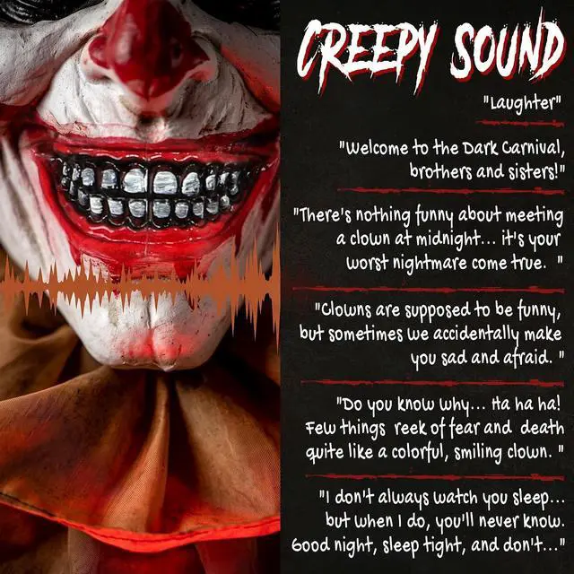Alt view image 6 of 7 - 95" Large Halloween Animated Clown Animatronic Decoration Prop | Scary Halloween Animated Decor, Creepy Sound Move, Sound Touch Activated, Light Up Eyes, Haunted House, Party, Outdoor Indoor
