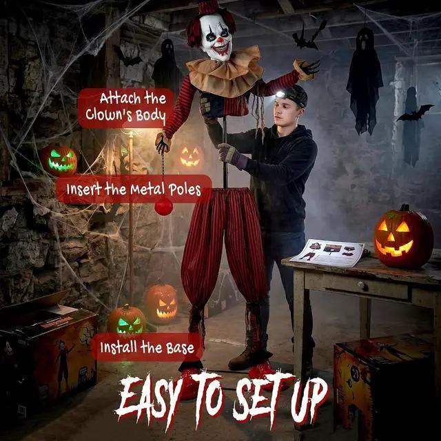 Alt view image 7 of 7 - 95" Large Halloween Animated Clown Animatronic Decoration Prop | Scary Halloween Animated Decor, Creepy Sound Move, Sound Touch Activated, Light Up Eyes, Haunted House, Party, Outdoor Indoor