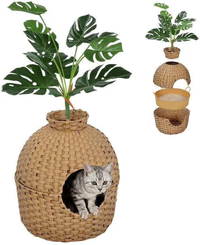 Main image of PawHut Hidden Cat Litter Box Plant Furniture Enclosure with Faux Plant | Stainless Steel Tray, Decorative Rattan Planter Cat Bed, Real Stones, for Bedroom, Living Room Corner