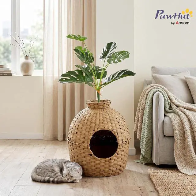Alt view image 2 of 7 - PawHut Hidden Cat Litter Box Plant Furniture Enclosure with Faux Plant | Stainless Steel Tray, Decorative Rattan Planter Cat Bed, Real Stones, for Bedroom, Living Room Corner