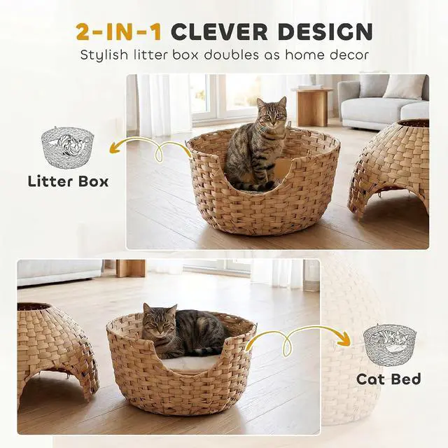 Alt view image 3 of 7 - PawHut Hidden Cat Litter Box Plant Furniture Enclosure with Faux Plant | Stainless Steel Tray, Decorative Rattan Planter Cat Bed, Real Stones, for Bedroom, Living Room Corner