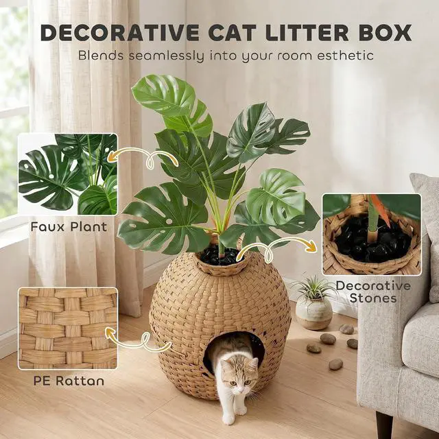 Alt view image 4 of 7 - PawHut Hidden Cat Litter Box Plant Furniture Enclosure with Faux Plant | Stainless Steel Tray, Decorative Rattan Planter Cat Bed, Real Stones, for Bedroom, Living Room Corner