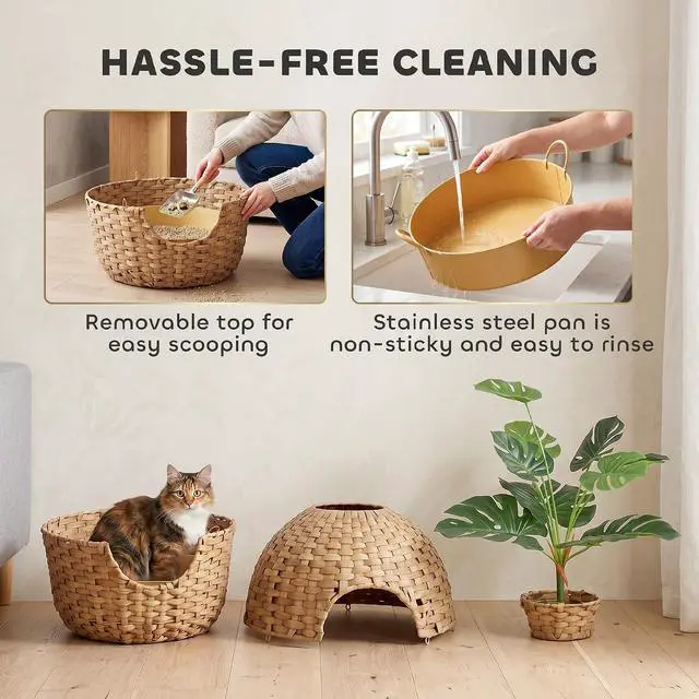 Alt view image 6 of 7 - PawHut Hidden Cat Litter Box Plant Furniture Enclosure with Faux Plant | Stainless Steel Tray, Decorative Rattan Planter Cat Bed, Real Stones, for Bedroom, Living Room Corner