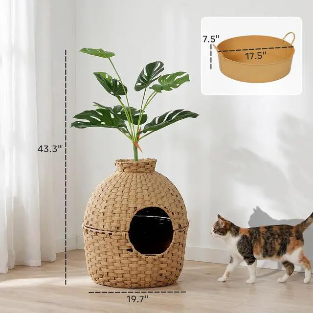 Alt view image 7 of 7 - PawHut Hidden Cat Litter Box Plant Furniture Enclosure with Faux Plant | Stainless Steel Tray, Decorative Rattan Planter Cat Bed, Real Stones, for Bedroom, Living Room Corner
