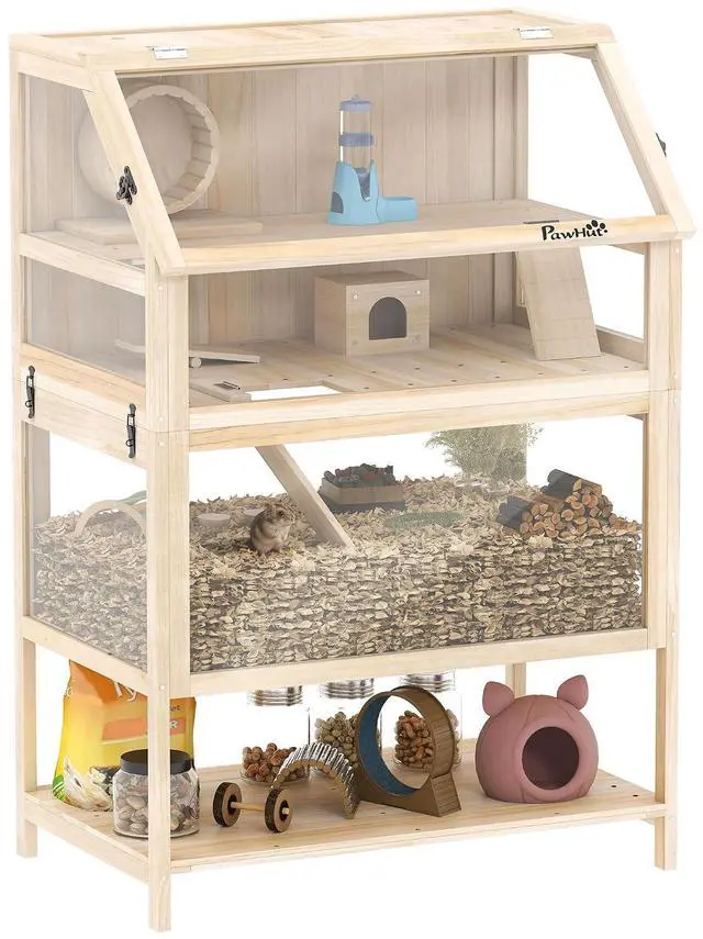 Main image of PawHut Wooden Hamster Cage with Storage Shelf for Dwarf, 31.5" x 21" x 46" | 3 Tier Small Animal Cage, Detachable Lower Floor, Hut, Seesaw, Exercise Wheel, Ramps, Hamster Habitat for Gerbil