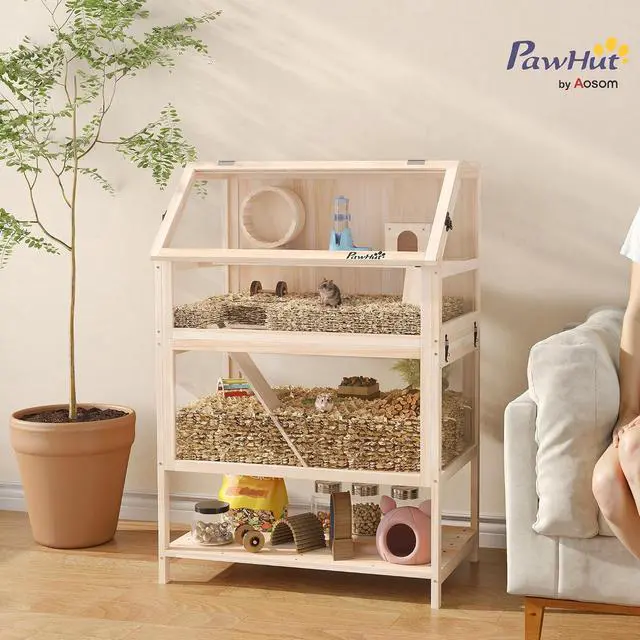 Alt view image 2 of 7 - PawHut Wooden Hamster Cage with Storage Shelf for Dwarf, 31.5" x 21" x 46" | 3 Tier Small Animal Cage, Detachable Lower Floor, Hut, Seesaw, Exercise Wheel, Ramps, Hamster Habitat for Gerbil