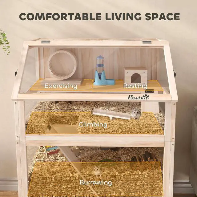 Alt view image 3 of 7 - PawHut Wooden Hamster Cage with Storage Shelf for Dwarf, 31.5" x 21" x 46" | 3 Tier Small Animal Cage, Detachable Lower Floor, Hut, Seesaw, Exercise Wheel, Ramps, Hamster Habitat for Gerbil
