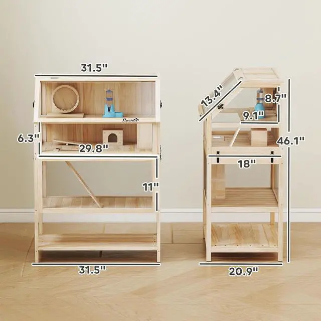 Alt view image 7 of 7 - PawHut Wooden Hamster Cage with Storage Shelf for Dwarf, 31.5" x 21" x 46" | 3 Tier Small Animal Cage, Detachable Lower Floor, Hut, Seesaw, Exercise Wheel, Ramps, Hamster Habitat for Gerbil