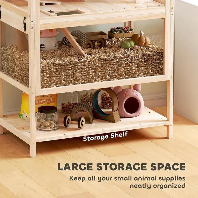 Alt view image 5 of 7 - PawHut Wooden Hamster Cage with Storage Shelf for Dwarf, 31.5" x 21" x 46" | 3 Tier Small Animal Cage, Detachable Lower Floor, Hut, Seesaw, Exercise Wheel, Ramps, Hamster Habitat for Gerbil