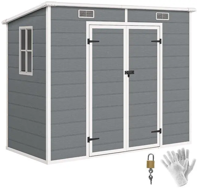 Main image of 8' x 4' Outdoor Storage Shed, Waterproof Resin Plastic Shed with Floor, Window, Lockable Doors and Vents, All-Weather Garden Tool Shed for Backyard, Patio, Lawn, Gray