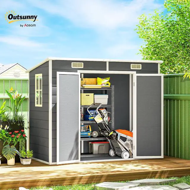 Alt view image 2 of 7 - 8' x 4' Outdoor Storage Shed, Waterproof Resin Plastic Shed with Floor, Window, Lockable Doors and Vents, All-Weather Garden Tool Shed for Backyard, Patio, Lawn, Gray