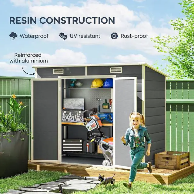 Alt view image 4 of 7 - 8' x 4' Outdoor Storage Shed, Waterproof Resin Plastic Shed with Floor, Window, Lockable Doors and Vents, All-Weather Garden Tool Shed for Backyard, Patio, Lawn, Gray